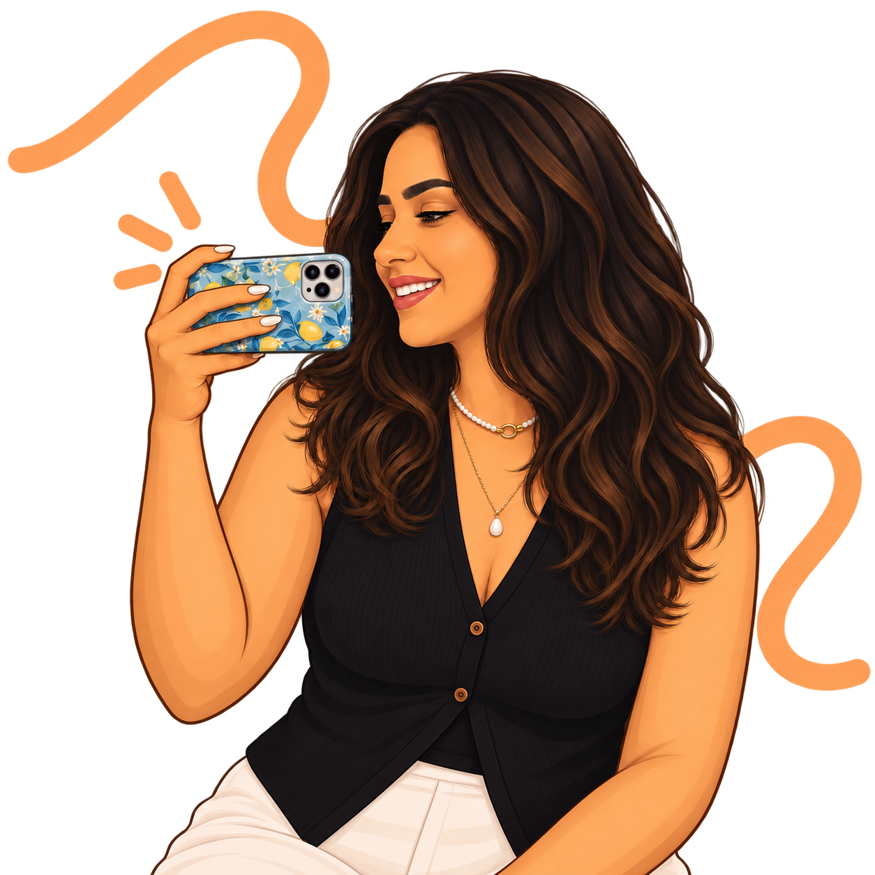 The Euro Nerd — illustrated portrait of Sherry smiling with her phone